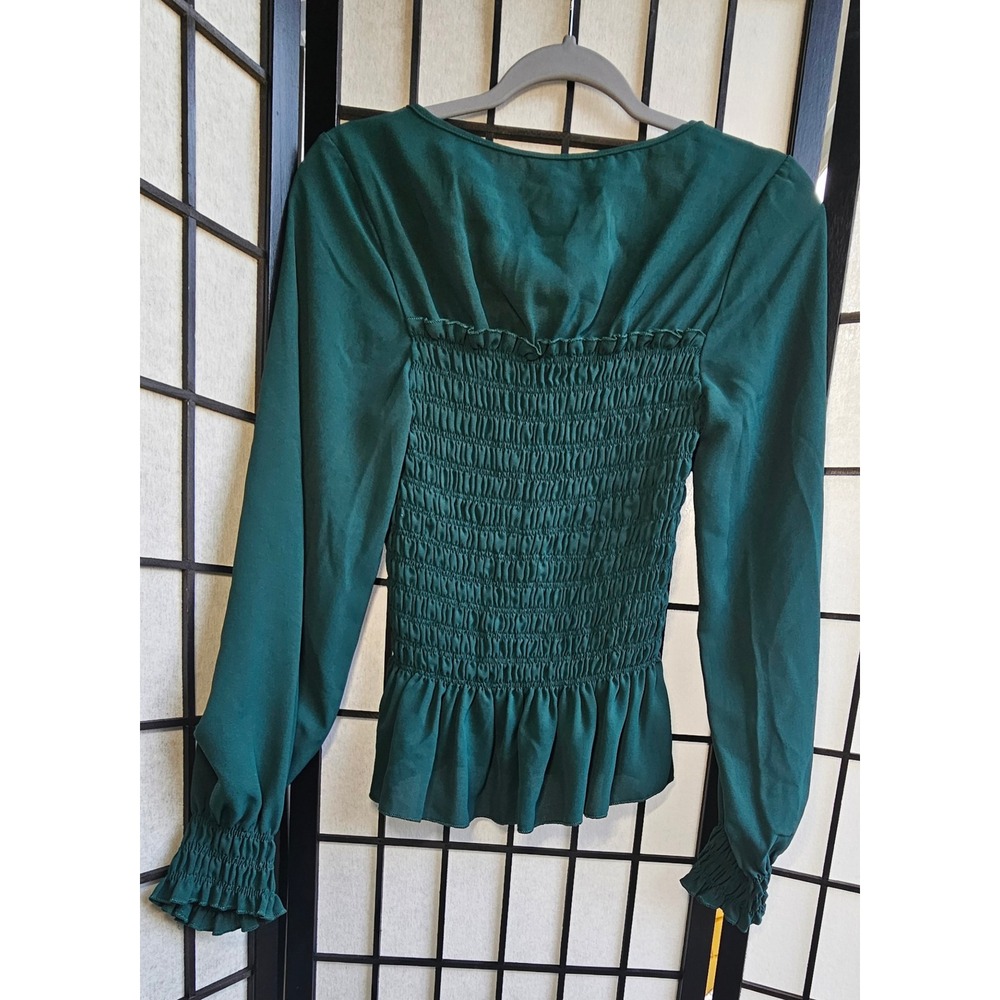 Forest Green Smocked Peplum Blouse Size‎ L - Picture 6 of 7
